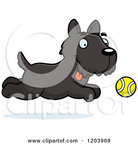 Cartoon of a Cute Scottish Terrier Puppy Chasing a Tennis Ball - Royalty Free Vector Clipart by Cory Thoman