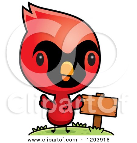 Cartoon of a Cute Baby Cardinal Bird by a Sign Post - Royalty Free Vector Clipart by Cory Thoman