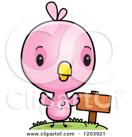 Cartoon of a Cute Pink Baby Bird by a Sign Post - Royalty Free Vector Clipart by Cory Thoman