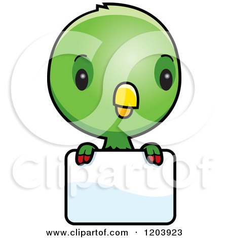 Cartoon of a Cute Green Baby Parrot over a Sign - Royalty Free Vector Clipart by Cory Thoman