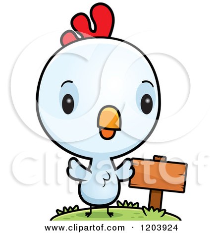 Cartoon of a Cute Baby Rooster by a Wooden Sign Post - Royalty Free Vector Clipart by Cory Thoman
