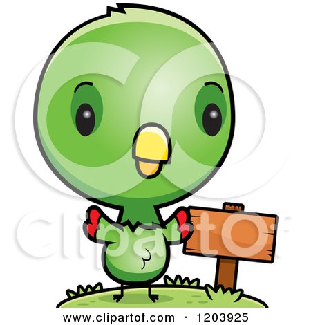 Cartoon of a Cute Green Baby Parrot by a Sign Post - Royalty Free Vector Clipart by Cory Thoman