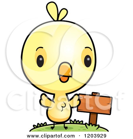 Cartoon of a Cute Yellow Baby Chick Bird by a Sign Post - Royalty Free Vector Clipart by Cory Thoman