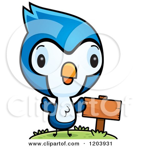 Cartoon of a Cute Baby Blue Jay by a Sign Post - Royalty Free Vector Clipart by Cory Thoman