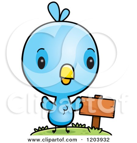 Cartoon of a Cute Baby Blue Jay by a Sign Post - Royalty Free