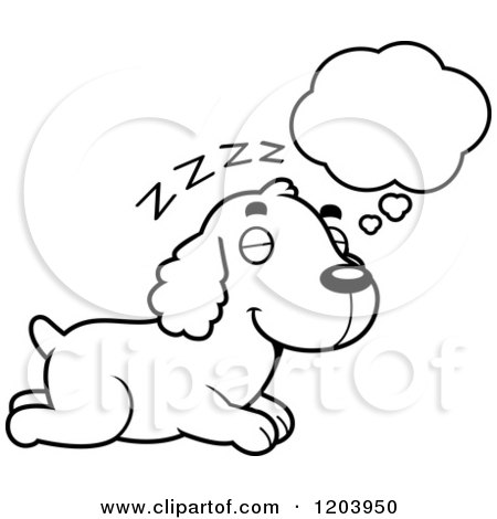 Cartoon of a Black And White Cute Spaniel Puppy Dreaming - Royalty Free Vector Clipart by Cory Thoman