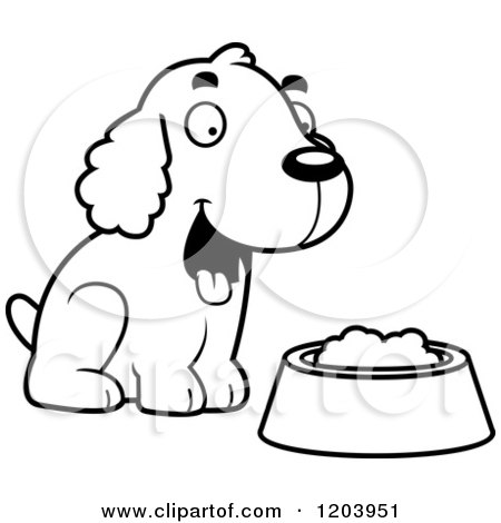 Cartoon of a Black And White Cute Spaniel Puppy by a Bowl of Dog Food - Royalty Free Vector Clipart by Cory Thoman