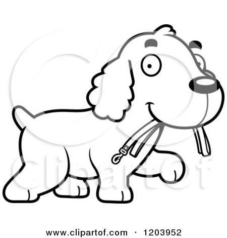 Cartoon of a Black And White Cute Spaniel Puppy Carrying a Leash - Royalty Free Vector Clipart by Cory Thoman