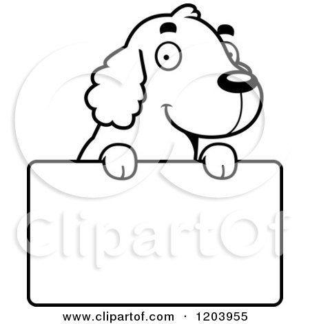Cartoon of a Black And White Cute Spaniel Puppy over a Sign - Royalty Free Vector Clipart by Cory Thoman