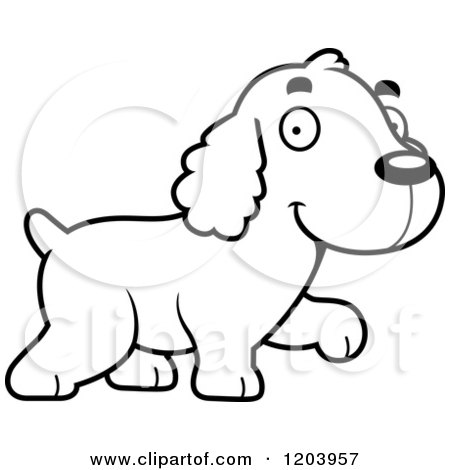 Cartoon of a Black And White Cute Spaniel Puppy Walking - Royalty Free Vector Clipart by Cory Thoman
