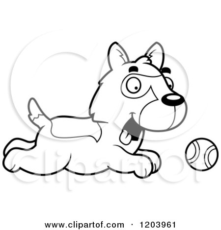 Cartoon of a Black And White Cute German Shepherd Puppy Chasing a Ball - Royalty Free Vector Clipart by Cory Thoman