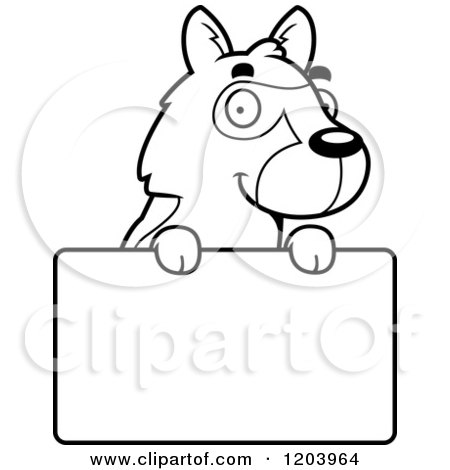 Cartoon of a Black And White Cute German Shepherd Puppy over a Sign - Royalty Free Vector Clipart by Cory Thoman