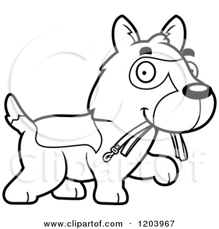 Cartoon of a Black And White Cute German Shepherd Puppy Carrying a Leash - Royalty Free Vector Clipart by Cory Thoman