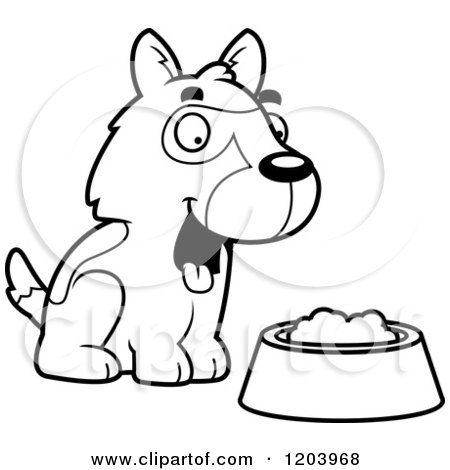 Cartoon of a Black And White Cute German Shepherd Puppy with Dog Food - Royalty Free Vector Clipart by Cory Thoman