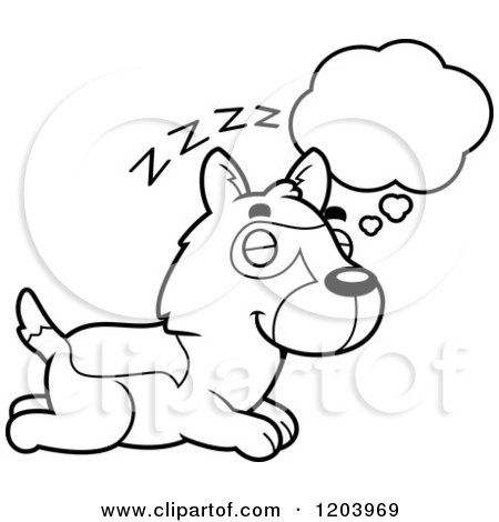 Cartoon of a Black And White Cute German Shepherd Puppy Dreaming - Royalty Free Vector Clipart by Cory Thoman