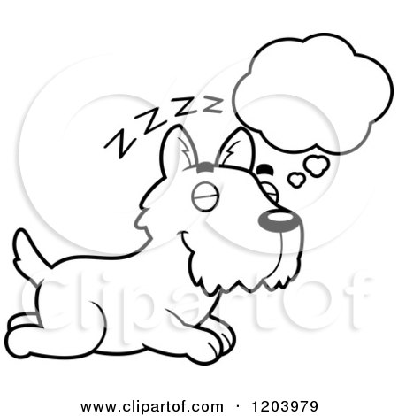 Cartoon of a Black And White Cute Scottish Terrier Puppy Dreaming - Royalty Free Vector Clipart by Cory Thoman