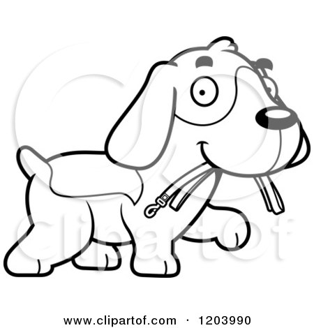 Cartoon of a Black And White Cute Beagle Puppy Carrying a Leash in His Mouth - Royalty Free Vector Clipart by Cory Thoman
