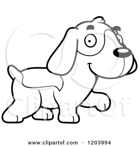 Cartoon of a Black And White Cute Beagle Puppy Walking - Royalty Free Vector Clipart by Cory Thoman