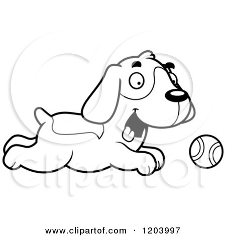 Cartoon of a Black And White Cute Beagle Puppy Chasing a Tenni Ball - Royalty Free Vector Clipart by Cory Thoman