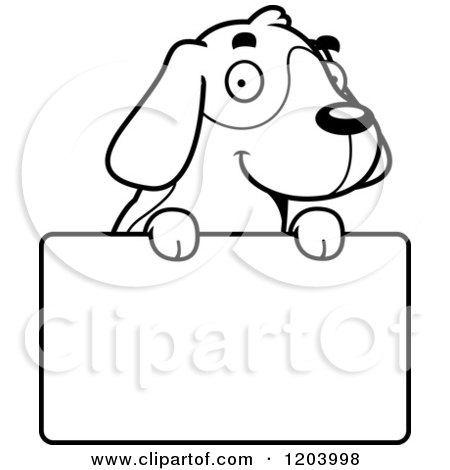 Cartoon of a Black And White Cute Beagle Puppy over a Sign - Royalty Free Vector Clipart by Cory Thoman