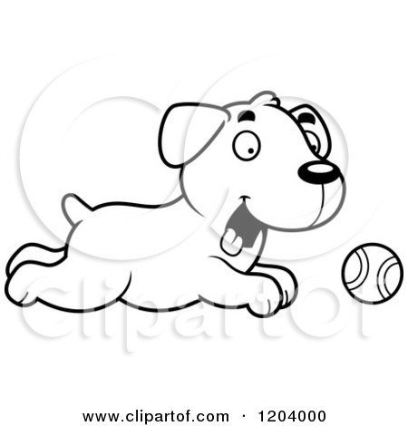 Cartoon of a Black and White Cute Labrador Puppy Chasing a Tennis Ball - Royalty Free Vector Clipart by Cory Thoman