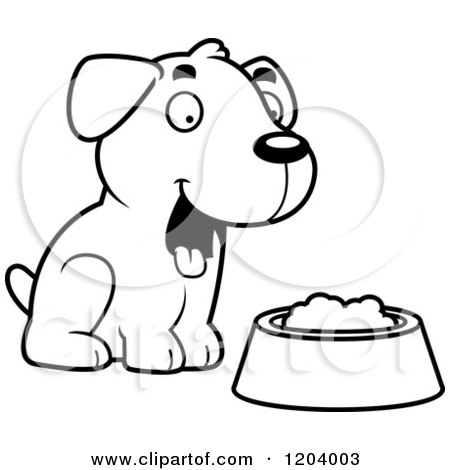Cartoon of a Black and White Cute Labrador Puppy Sitting by Dog Food - Royalty Free Vector Clipart by Cory Thoman