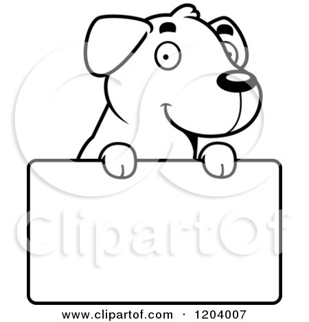 Cartoon of a Black and White Cute Labrador Puppy over a Sign - Royalty Free Vector Clipart by Cory Thoman