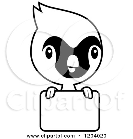 Cartoon of a Black And White Cute Baby Cardinal Bird over a Sign - Royalty Free Vector Clipart by Cory Thoman