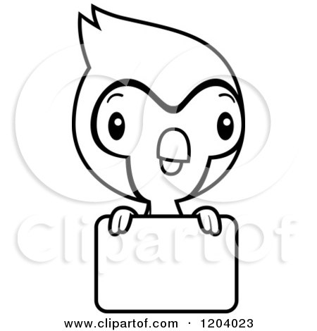 Cartoon of a Black And White Cute Baby Blue Jay over a Sign - Royalty Free Vector Clipart by Cory Thoman