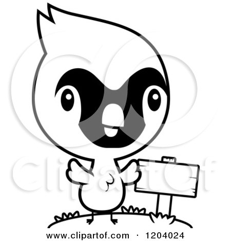 Cartoon of a Black And White Cute Baby Cardinal Bird by a Sign Post - Royalty Free Vector Clipart by Cory Thoman