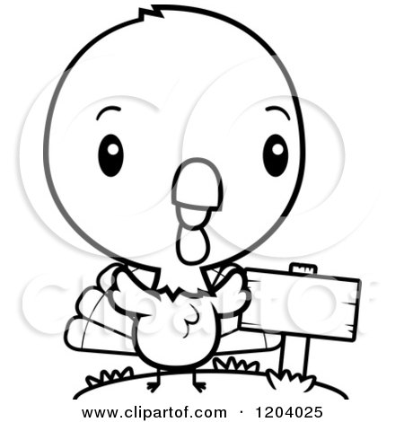 Cartoon of a Black And White Cute Baby Turkey Bird by a Sign Post - Royalty Free Vector Clipart by Cory Thoman