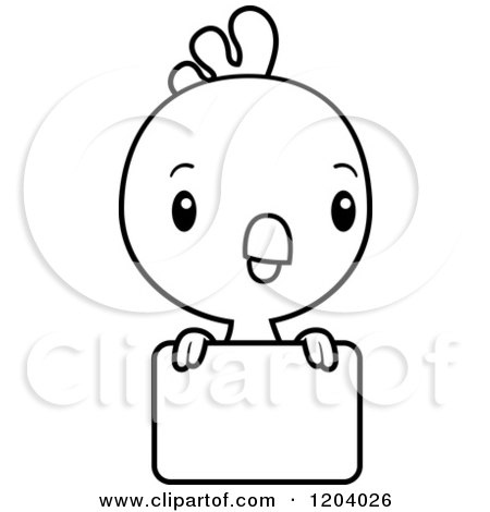 Cartoon of a Black And White Cute Baby Rooster over a Sign - Royalty Free Vector Clipart by Cory Thoman