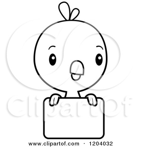 Cartoon of a Black And White Cute Baby Chick Bird over a Sign - Royalty Free Vector Clipart by Cory Thoman