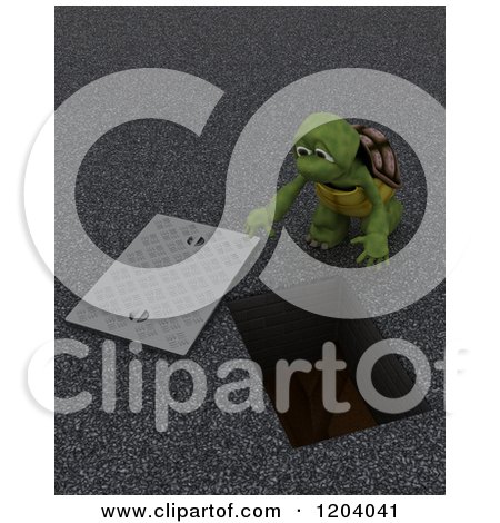 Clipart of a 3d Construction Worker Tortoise Looking down a Man Hole - Royalty Free CGI Illustration by KJ Pargeter