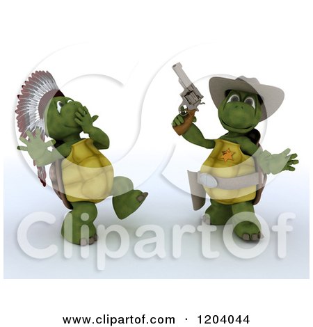Clipart of 3d Tortoises Playing Cowboys and Indians - Royalty Free CGI Illustration by KJ Pargeter