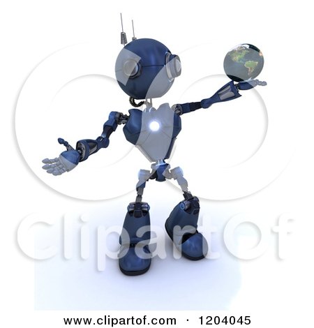 Clipart of a 3d Blue Android Robot Holding the Earth in His Hand - Royalty Free CGI Illustration by KJ Pargeter