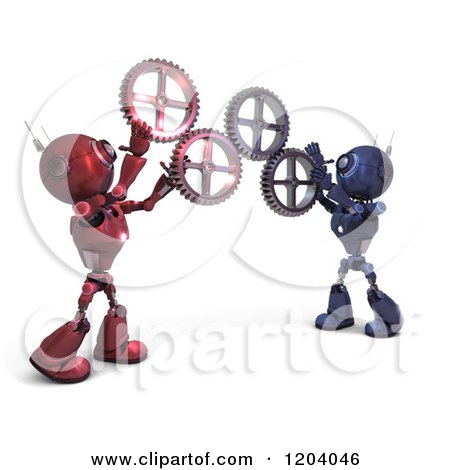 Clipart of 3d Red and Blue Android Robots Holding up Gears - Royalty Free CGI Illustration by KJ Pargeter