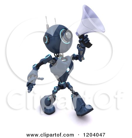Clipart of a 3d Blue Android Robot Announcing with a Megaphone - Royalty Free CGI Illustration by KJ Pargeter