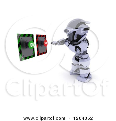 Clipart of a 3d Robot Deciding on Go or Stop Buttons - Royalty Free CGI Illustration by KJ Pargeter