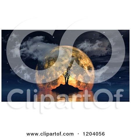Clipart of a 3d Island with a Spooky Dead Tree Against an Orange Moon - Royalty Free CGI Illustration by KJ Pargeter