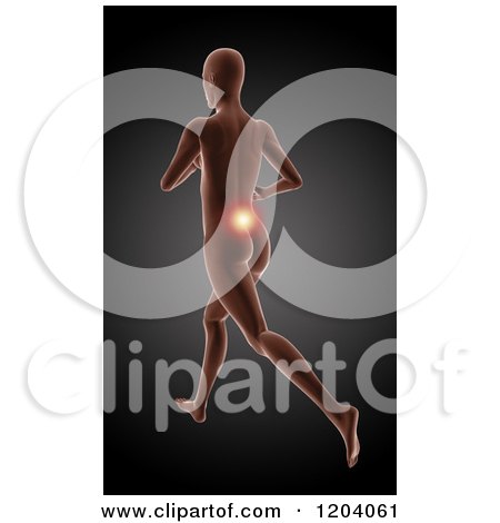Clipart of a 3d Running Medical Female Model with Glowing Lower Back Pain, on Black - Royalty Free CGI Illustration by KJ Pargeter