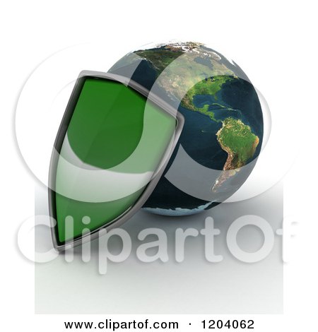 Clipart of a 3d Globe Featuring the Americas, and a Green Security Shield, on Shaded White - Royalty Free CGI Illustration by KJ Pargeter