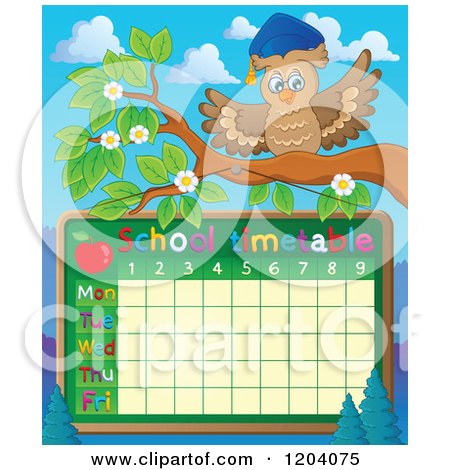 Cartoon of a Professor Owl over a School Time Table - Royalty Free Vector Clipart by visekart
