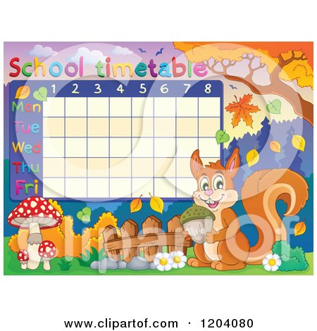 Cartoon of a Squirrel and Autumn School Time Table - Royalty Free Vector Clipart by visekart