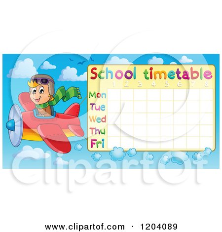 Cartoon of a Pilot Boy Flying a School Time Table - Royalty Free Vector Clipart by visekart