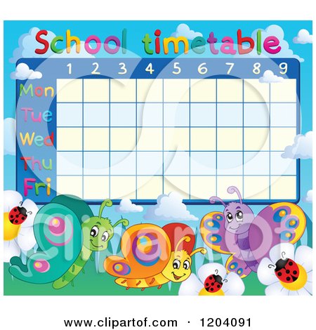 Cartoon of a School Time Table with Ladybugs and Butterflies - Royalty Free Vector Clipart by visekart