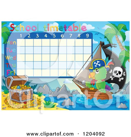 Cartoon of a School Time Table with a Pirate Parrot Ship and Treasure - Royalty Free Vector Clipart by visekart