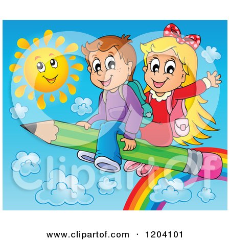 Cartoon of Happy School Children Flying over a Rainbow and Sun on a Pencil - Royalty Free Vector Clipart by visekart
