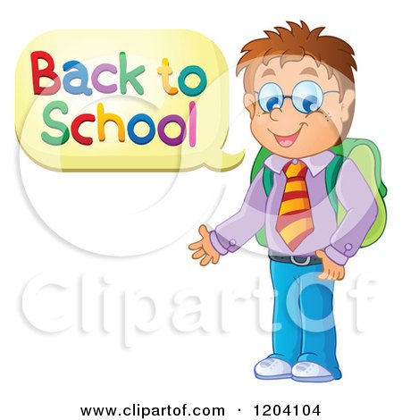 Cartoon of a Happy Male Student Saying Back to School - Royalty Free Vector Clipart by visekart