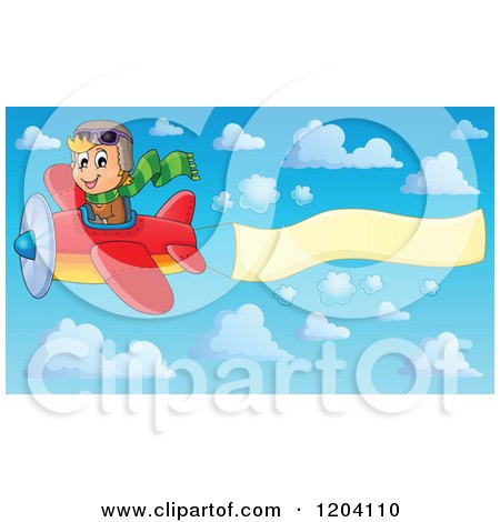 Cartoon of a Happy Boy Pilot Flying a Plane with a Banner in a Sky - Royalty Free Vector Clipart by visekart